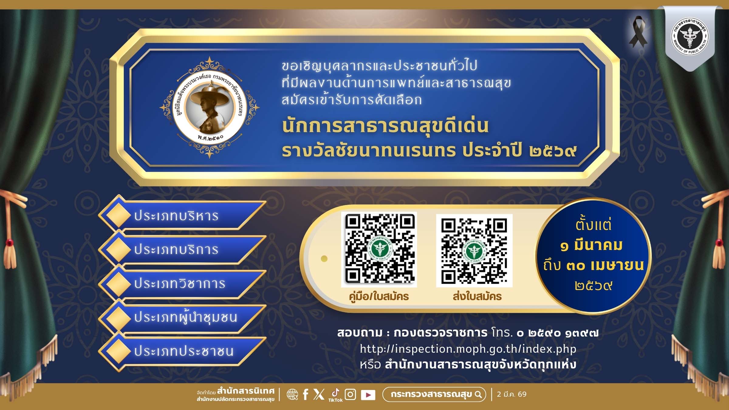 สธ.-มูลนิธิสมเด็จพระเจ้าบรมวงศ์เธอ กรมพระยาชัยนาทนเรนทร เปิดรับสมัครคัดเลือกนักการสาธารณสุขดีเด่น &ldquo;รางวัลชัยนาทนเรนทร&rdquo; ประจำปี พ.ศ. 2569