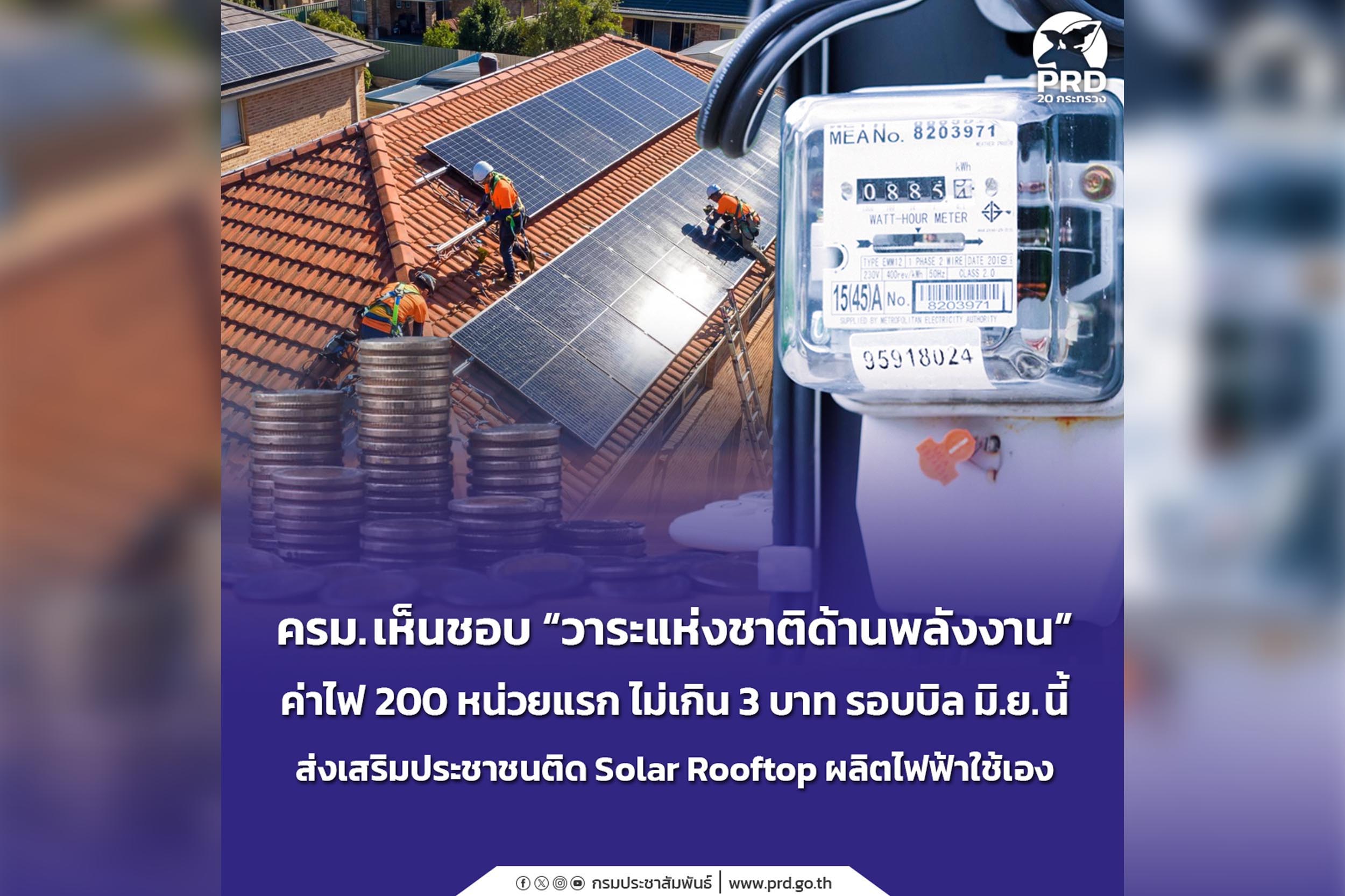 เก็บตก_ครม. เห็นชอบ &ldquo;วาระแห่งชาติด้านพลังงาน&rdquo; ค่าไฟ 200 หน่วยแรก ไม่เกิน 3 บาท รอบบิล มิ.ย.นี้ ส่งเสริมประชาชนติด Solar Rooftop  ผลิตไฟฟ้าใช้เอง