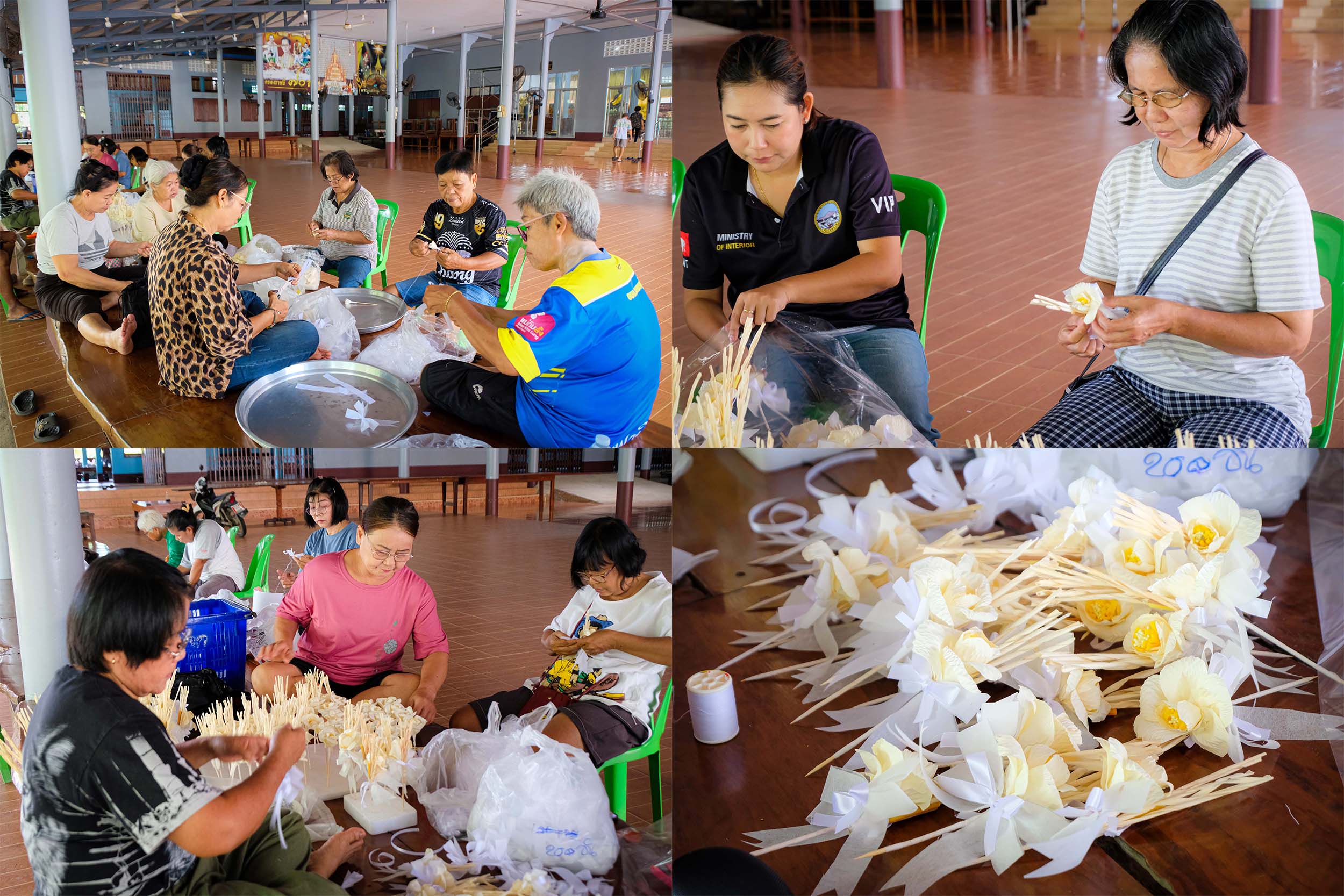 ประชาชนชาวบ้านโคก ต.หนองเสม็ด อ.เมืองตราด ร่วมกันจัดทำดอกไม้จันทน์ระดับตำบล งานพระราชพิธีถวายพระเพลิงพระบรมศพ สมเด็จพระนางเจ้าสิริกิติ์ พระบรมราชินีนาถ พระบรมราชชนนีพันปีหลวง